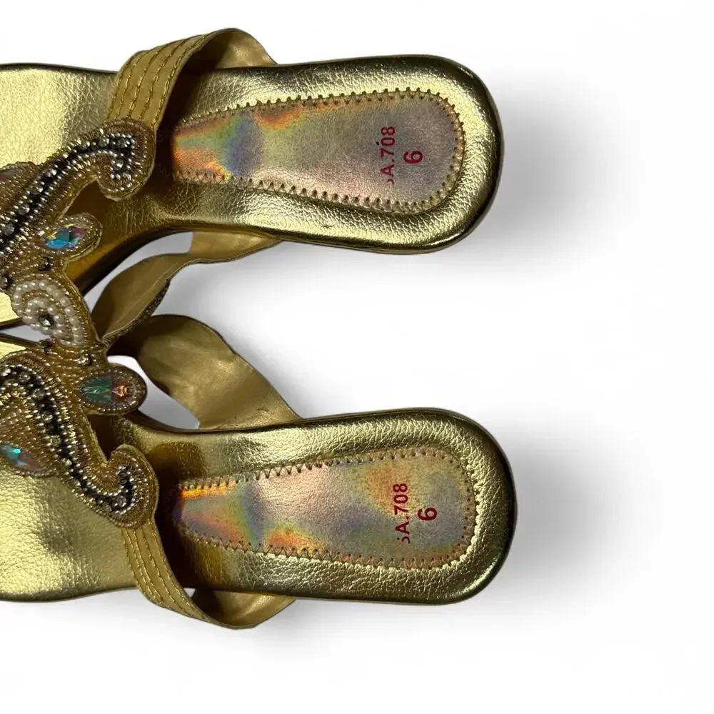 Y2K Gold Beaded Heel Sandals with Black Beaded Swirl Design size 6 kitten heel